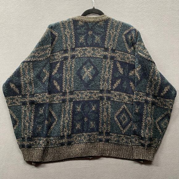 Vtg David Taylor Grandpa Cardigan Sweater Mens XL Blue Gray Geo Print Button Up - Picture 2 of 10